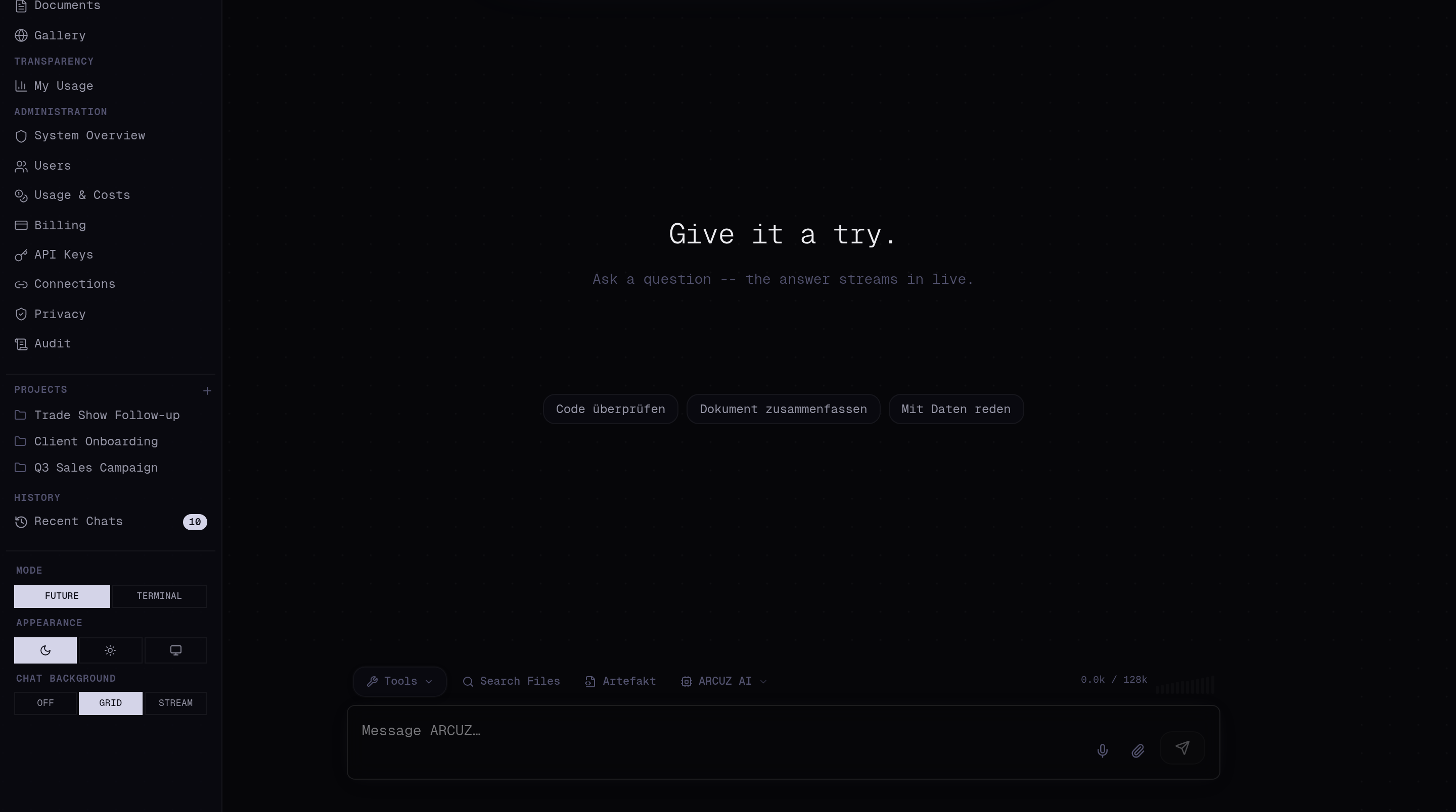 ARCUZ chat workspace with sidebar