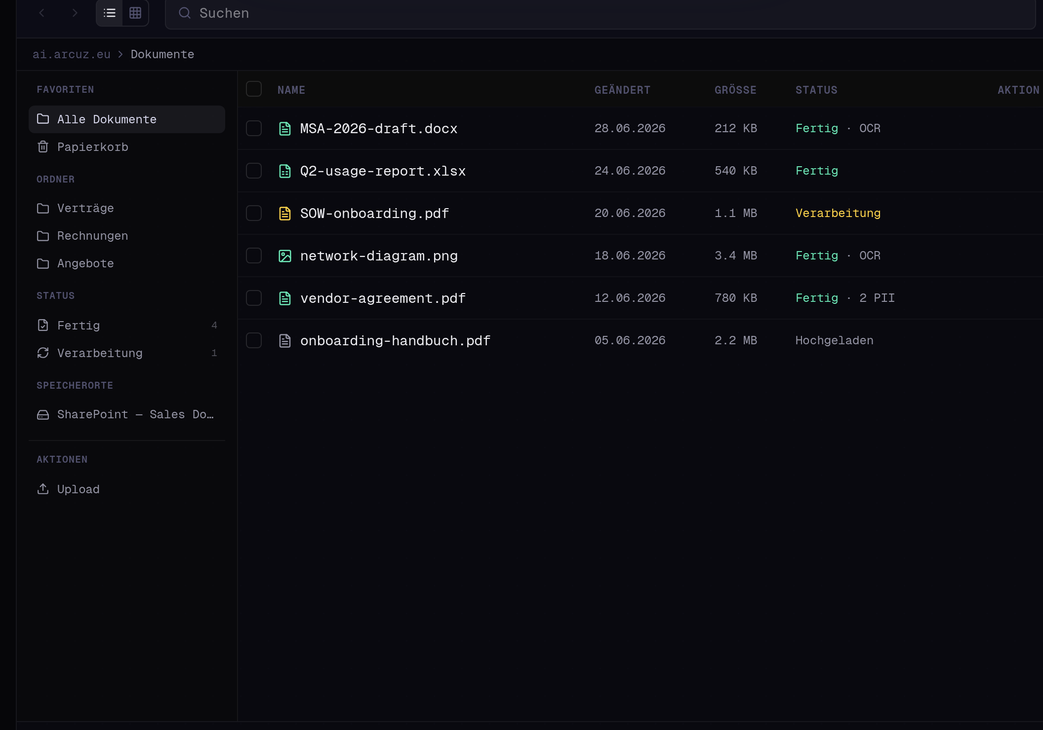 ARCUZ document browser with folders and status