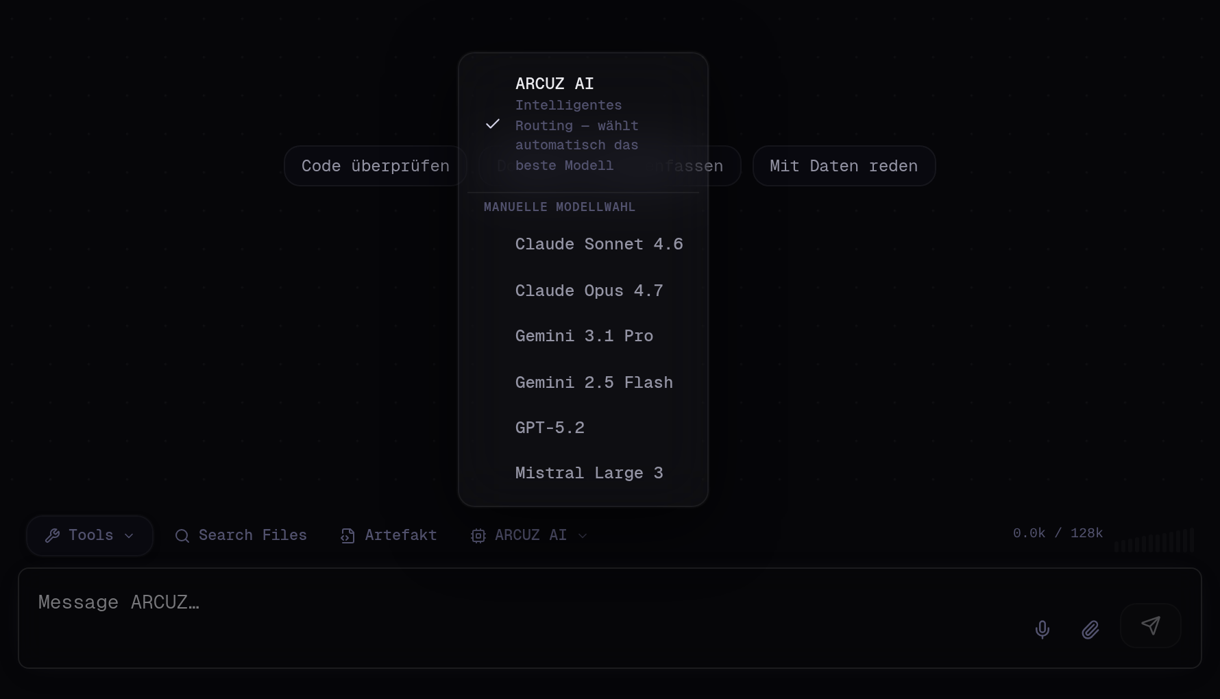 Model picker with ARCUZ AI intelligent routing
